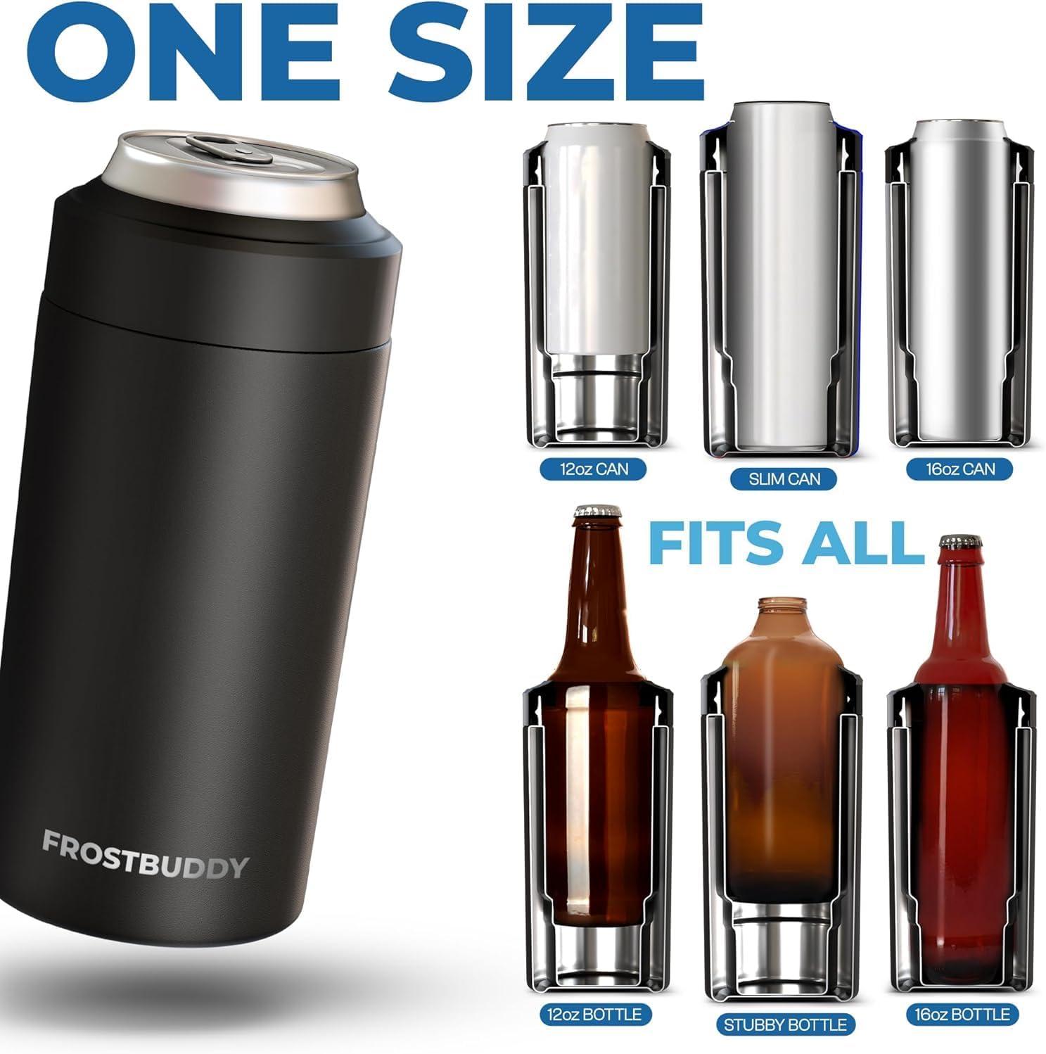 imageFrost Buddy Universal Buddy Can Cooler  Fits All  For Regular 12 ampamp 16 oz or SlimSize Bottles  Insulated DoubleWalled Stainless Steel MericaGunmetal Glory