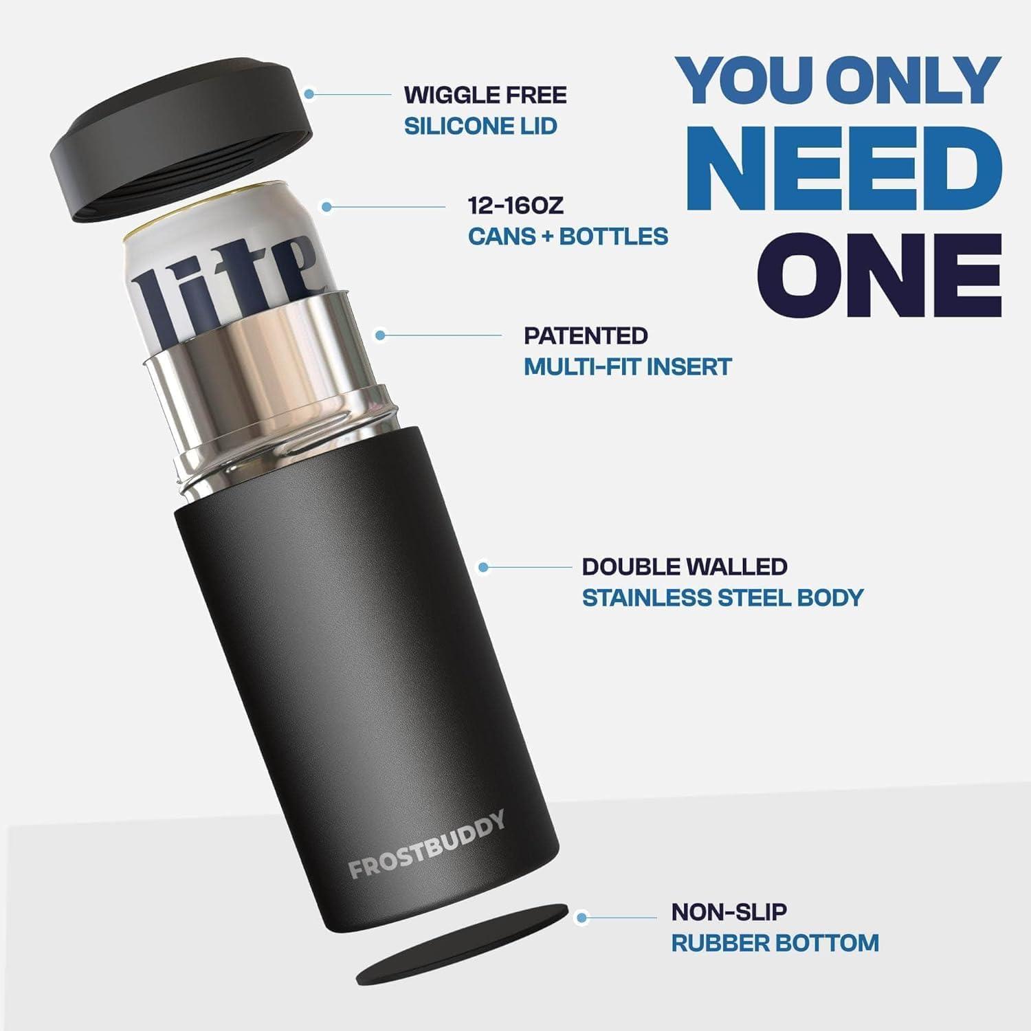 imageFrost Buddy Universal Buddy Can Cooler  Fits All  For Regular 12 ampamp 16 oz or SlimSize Bottles  Insulated DoubleWalled Stainless Steel MericaGunmetal Glory