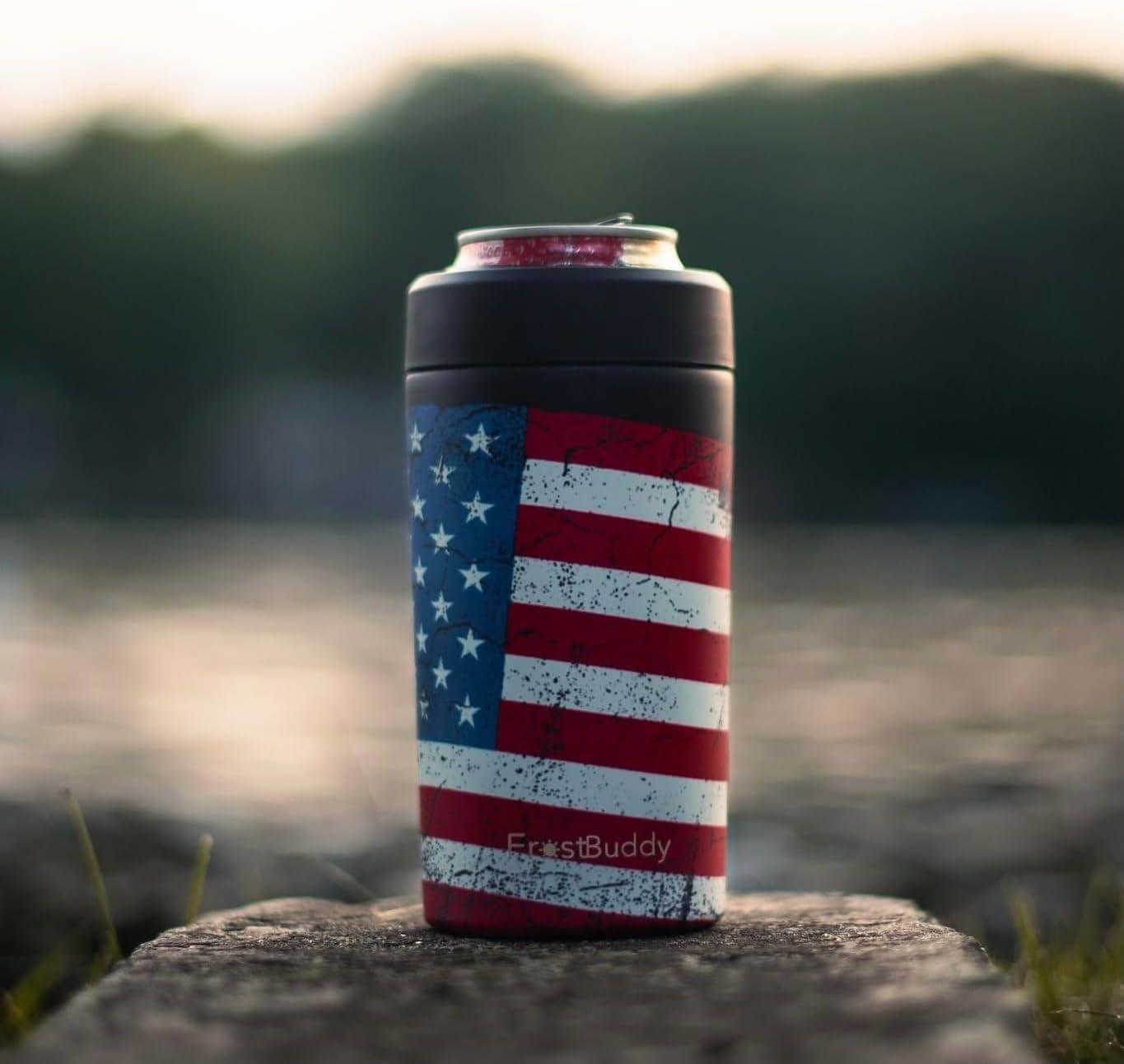 imageFrost Buddy Universal Buddy Can Cooler  Fits All  For Regular 12 ampamp 16 oz or SlimSize Bottles  Insulated DoubleWalled Stainless Steel MericaMerica Flag