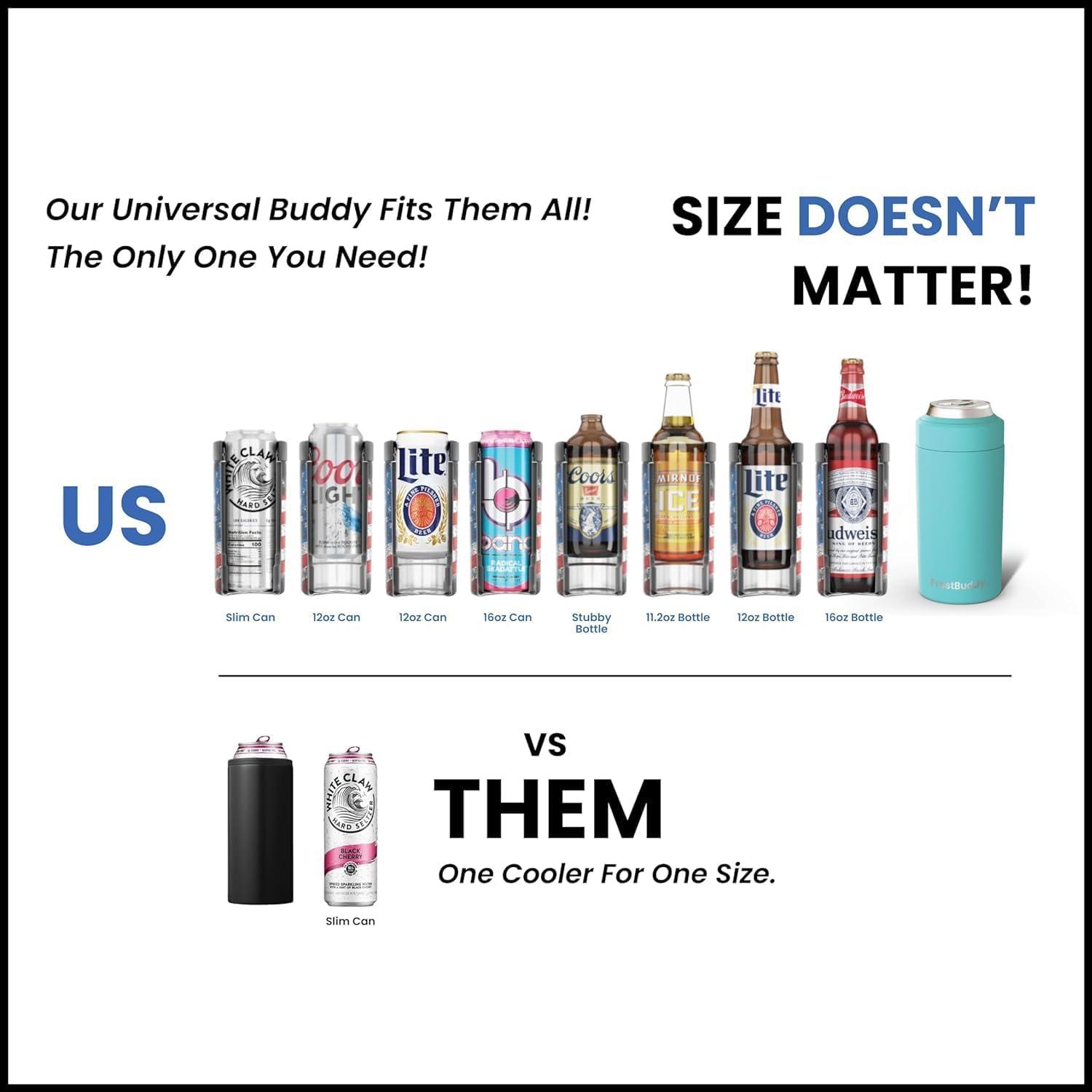 imageFrost Buddy Universal Buddy Can Cooler  Fits All  For Regular 12 ampamp 16 oz or SlimSize Bottles  Insulated DoubleWalled Stainless Steel MericaMerica Flag