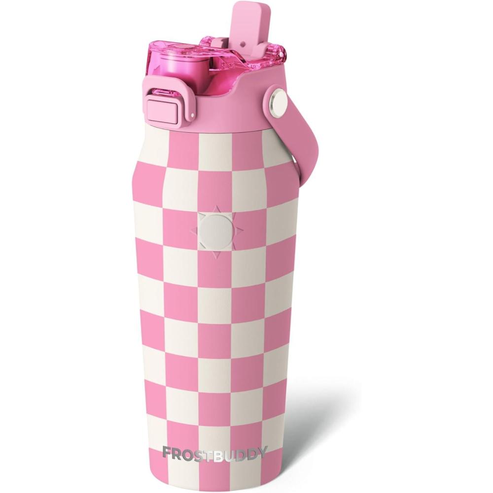 imageFrost Buddy 32oz Insulated Water Bottle with Straw ampamp Chug Lid  LeakProof Stainless Steel  24Hours Cold  SweatProof Cup Holder Friendly  Ideal for Gym Travel Sports ampamp Everyday HydrationPink Checkered