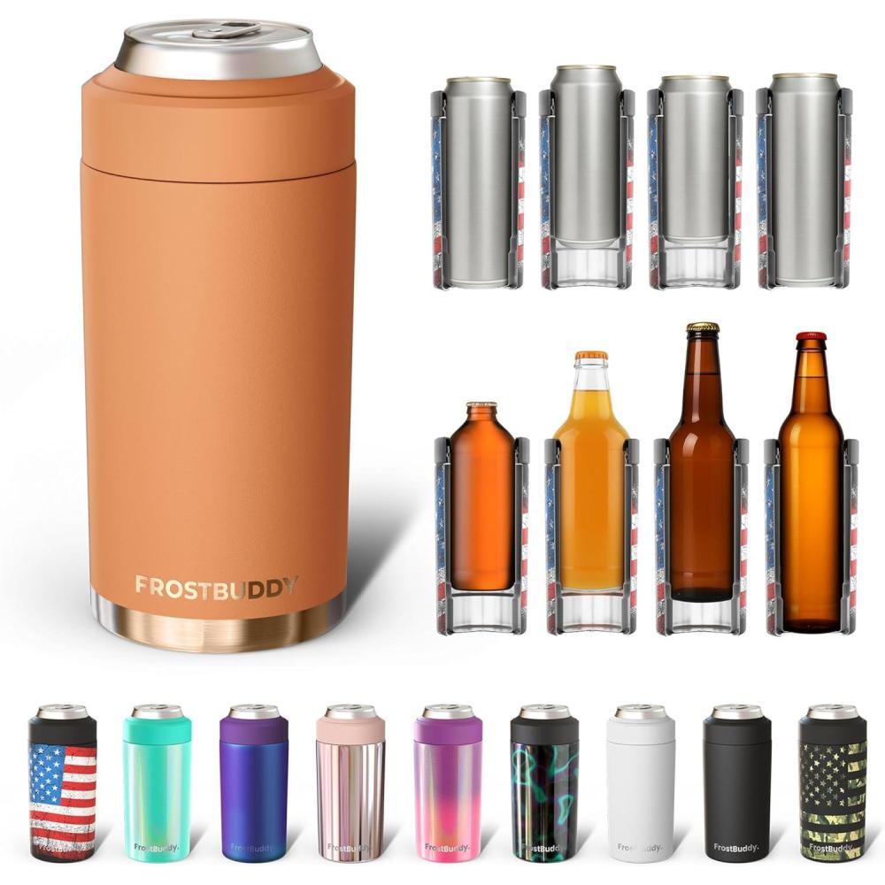 imageFrost Buddy Universal Buddy Can Cooler  Fits All  For Regular 12 ampamp 16 oz or SlimSize Bottles  Insulated DoubleWalled Stainless Steel MericaCaramel