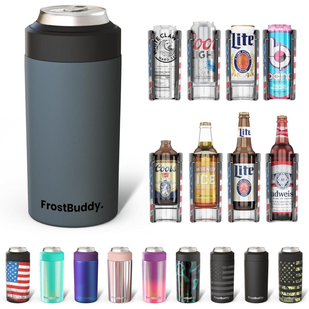 imageFrost Buddy Universal Buddy Can Cooler  Fits All  For Regular 12 ampamp 16 oz or SlimSize Bottles  Insulated DoubleWalled Stainless Steel MericaCharcoal