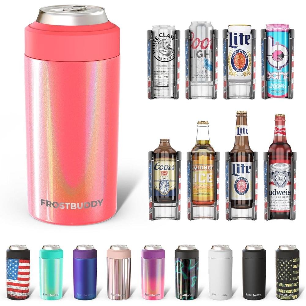 imageFrost Buddy Universal Buddy Can Cooler  Fits All  For Regular 12 ampamp 16 oz or SlimSize Bottles  Insulated DoubleWalled Stainless Steel MericaCoral Crush