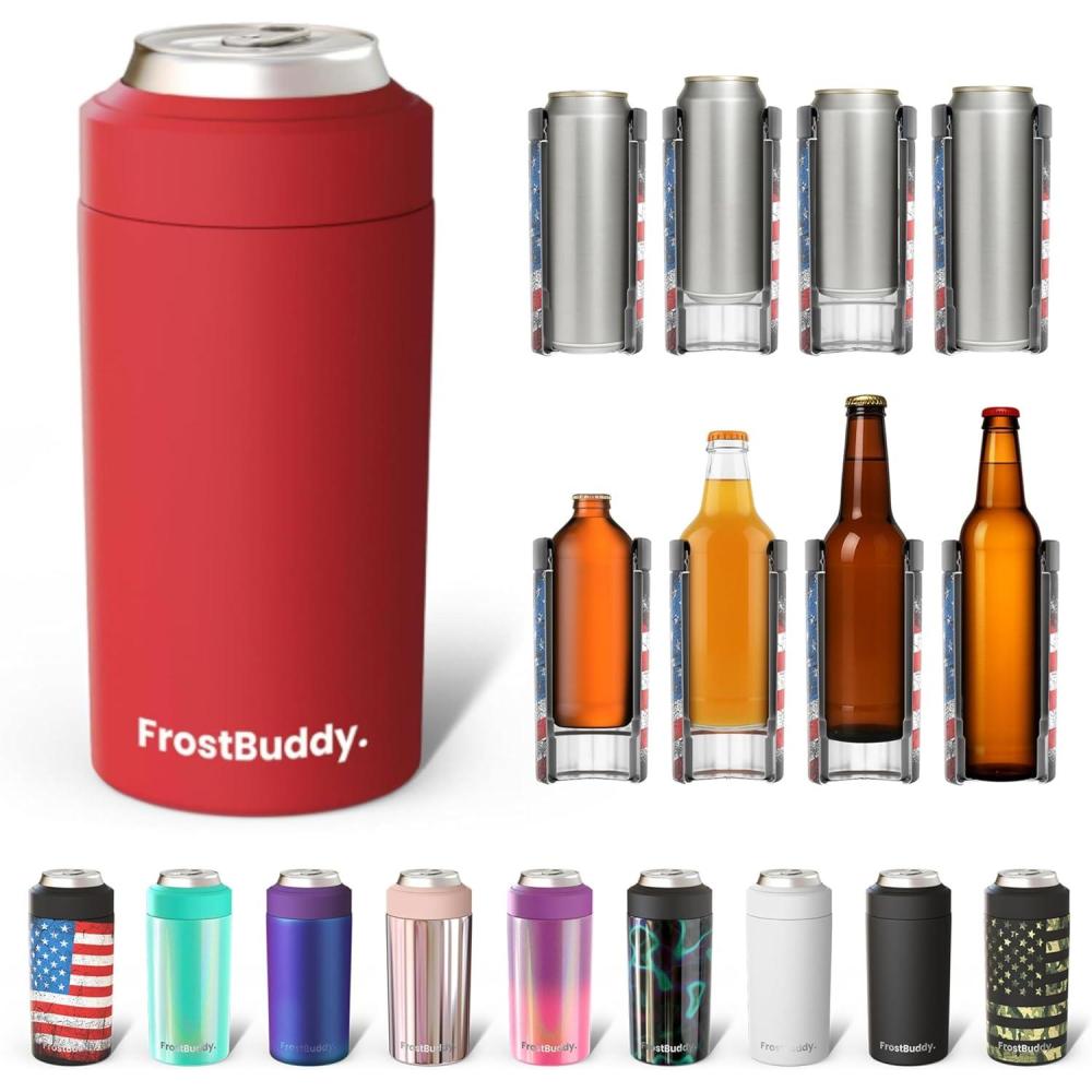 imageFrost Buddy Universal Buddy Can Cooler  Fits All  For Regular 12 ampamp 16 oz or SlimSize Bottles  Insulated DoubleWalled Stainless Steel MericaCrimson