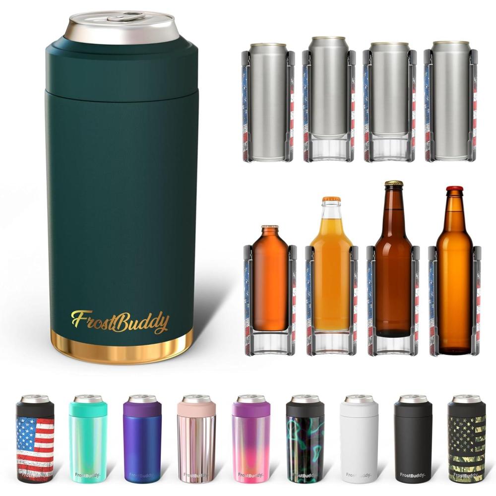 imageFrost Buddy Universal Buddy Can Cooler  Fits All  For Regular 12 ampamp 16 oz or SlimSize Bottles  Insulated DoubleWalled Stainless Steel MericaEmerald Elegance