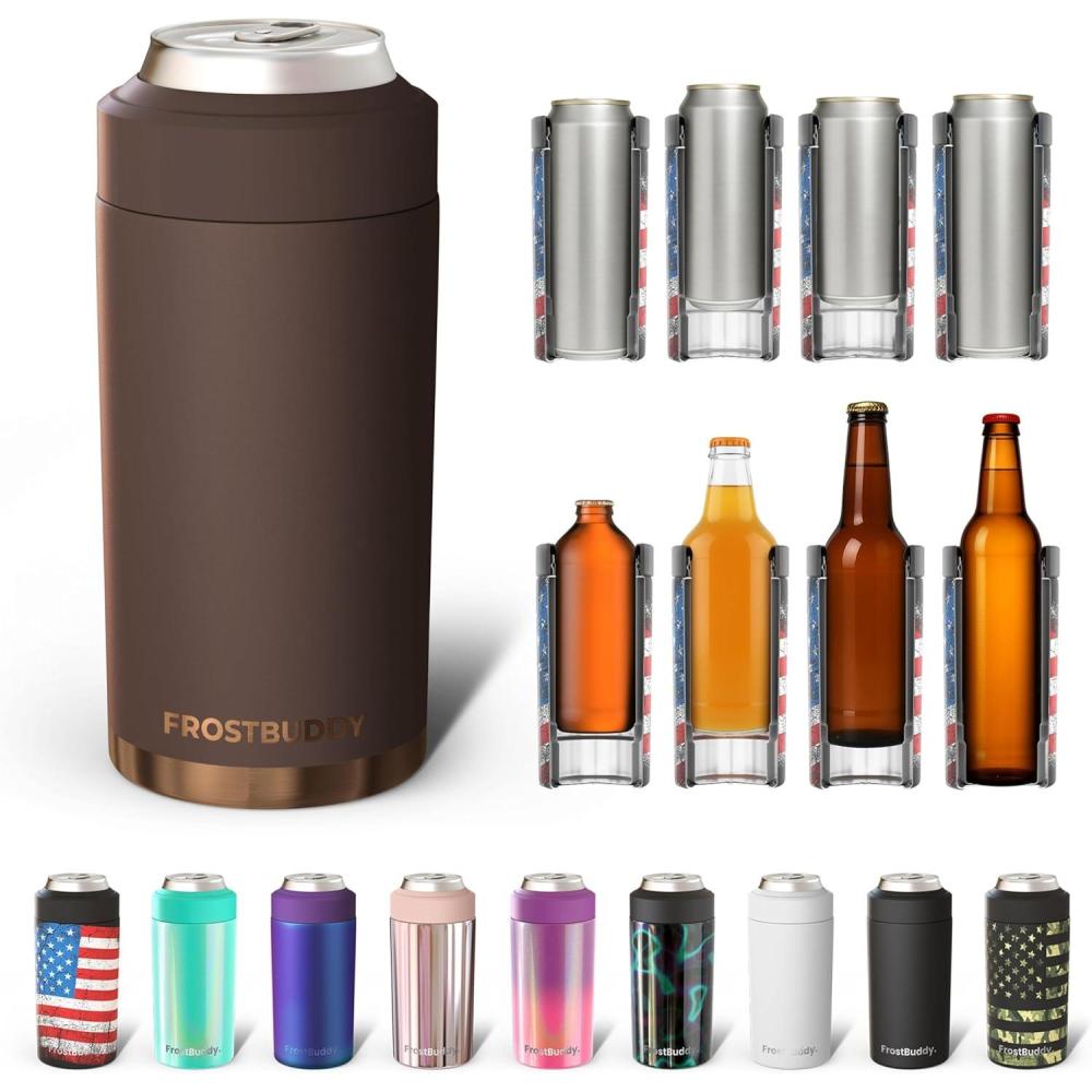 imageFrost Buddy Universal Buddy Can Cooler  Fits All  For Regular 12 ampamp 16 oz or SlimSize Bottles  Insulated DoubleWalled Stainless Steel MericaEspresso