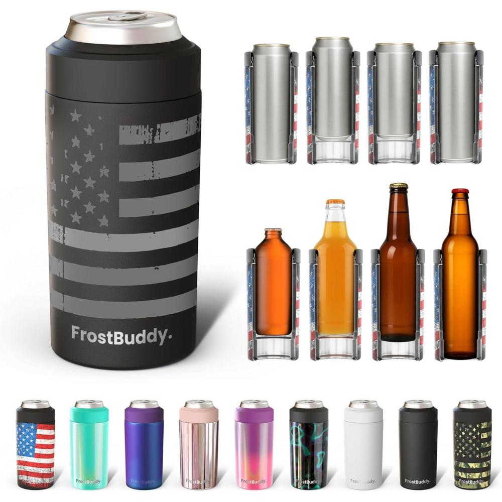 imageFrost Buddy Universal Buddy Can Cooler  Fits All  For Regular 12 ampamp 16 oz or SlimSize Bottles  Insulated DoubleWalled Stainless Steel MericaGunmetal Glory