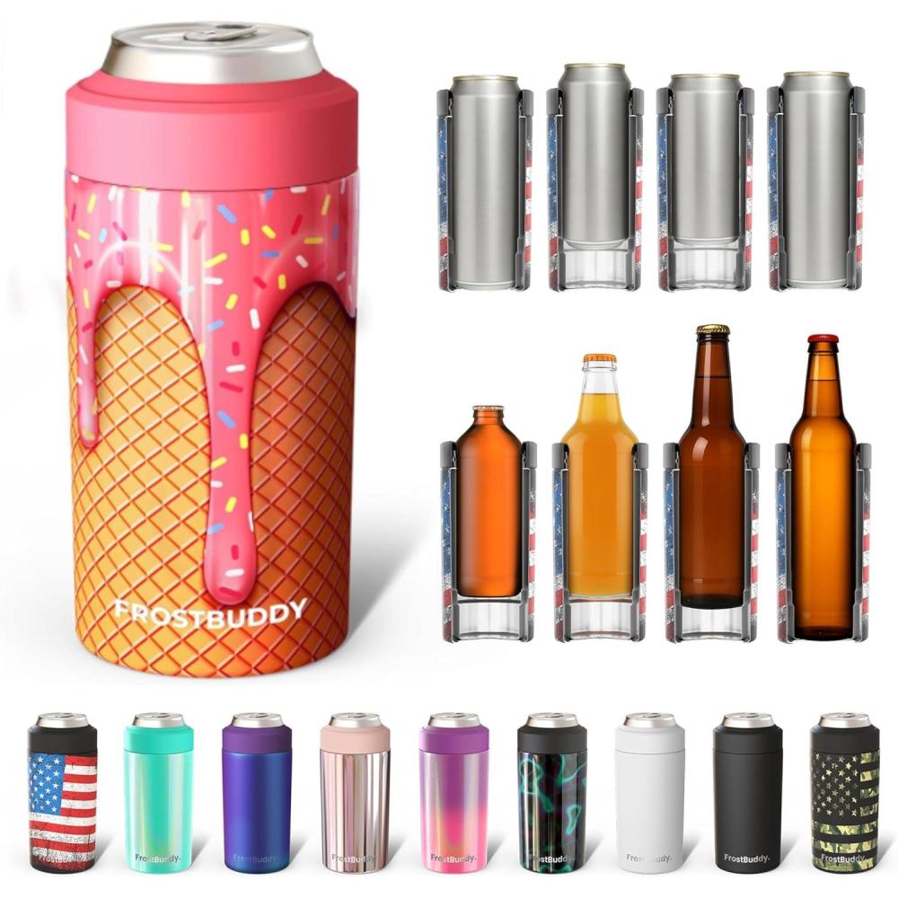 imageFrost Buddy Universal Buddy Can Cooler  Fits All  For Regular 12 ampamp 16 oz or SlimSize Bottles  Insulated DoubleWalled Stainless Steel MericaIce Cream