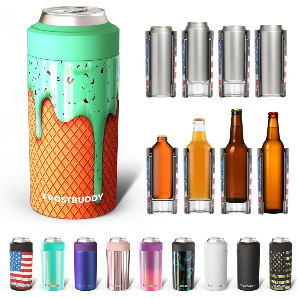 imageFrost Buddy Universal Buddy Can Cooler  Fits All  For Regular 12 ampamp 16 oz or SlimSize Bottles  Insulated DoubleWalled Stainless Steel MericaMint Green
