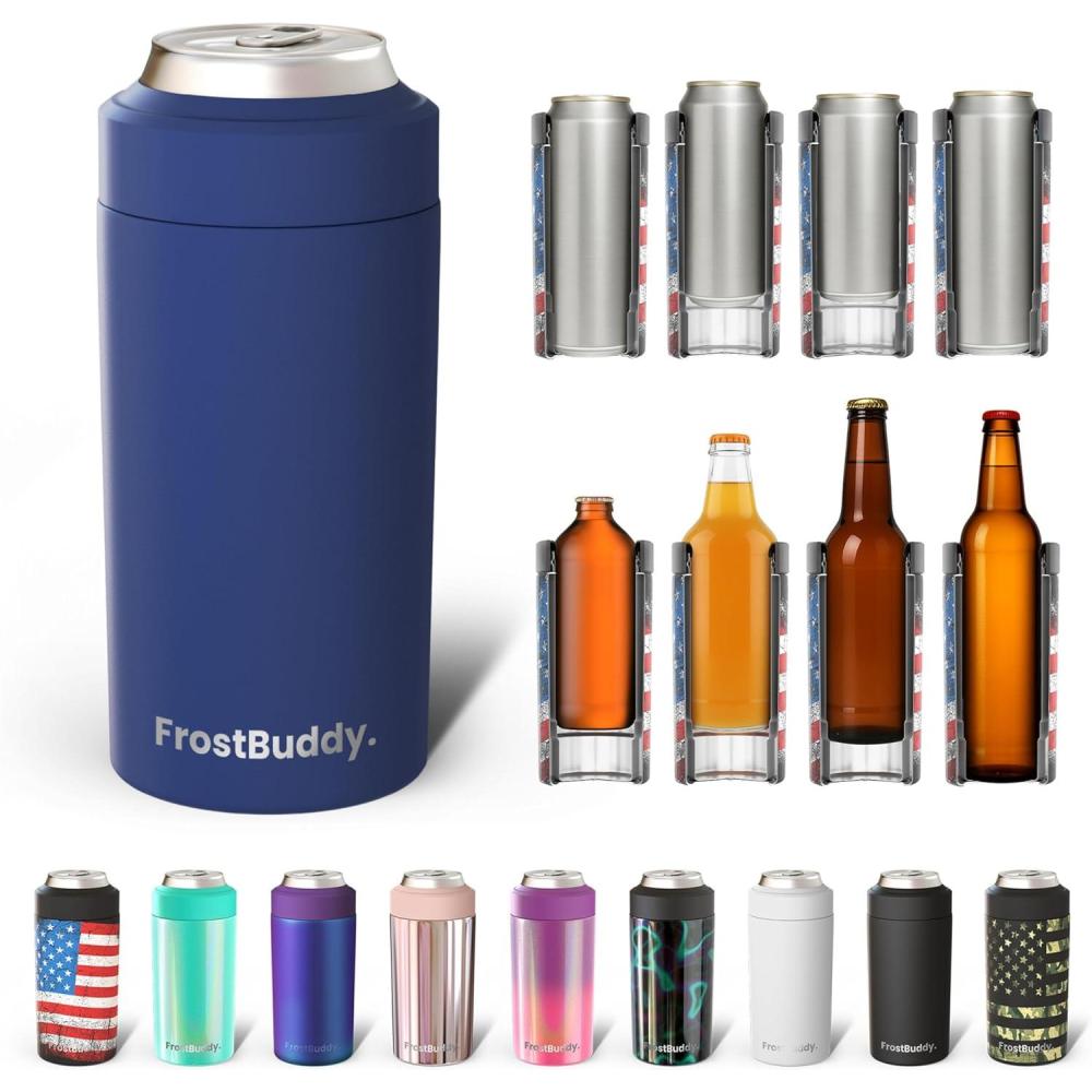 imageFrost Buddy Universal Buddy Can Cooler  Fits All  For Regular 12 ampamp 16 oz or SlimSize Bottles  Insulated DoubleWalled Stainless Steel MericaNavy