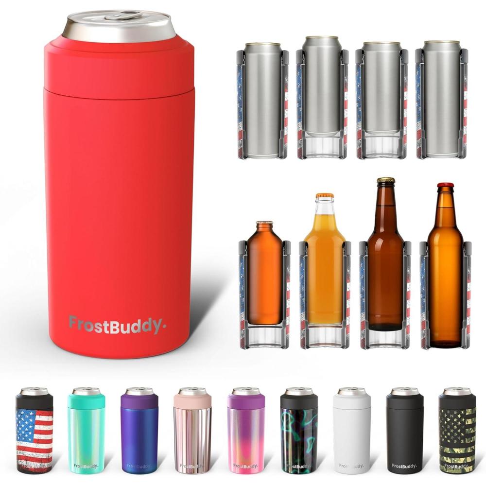 imageFrost Buddy Universal Buddy Can Cooler  Fits All  For Regular 12 ampamp 16 oz or SlimSize Bottles  Insulated DoubleWalled Stainless Steel MericaRed