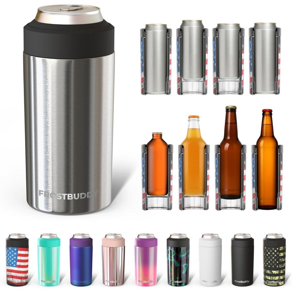 imageFrost Buddy Universal Buddy Can Cooler  Fits All  For Regular 12 ampamp 16 oz or SlimSize Bottles  Insulated DoubleWalled Stainless Steel MericaStainless