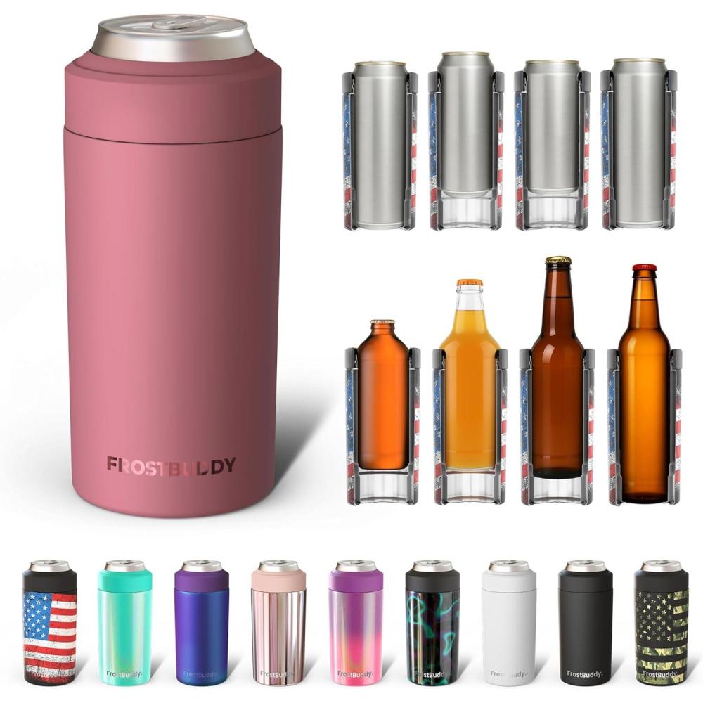 imageFrost Buddy Universal Buddy Can Cooler  Fits All  For Regular 12 ampamp 16 oz or SlimSize Bottles  Insulated DoubleWalled Stainless Steel MericaWinter Rose