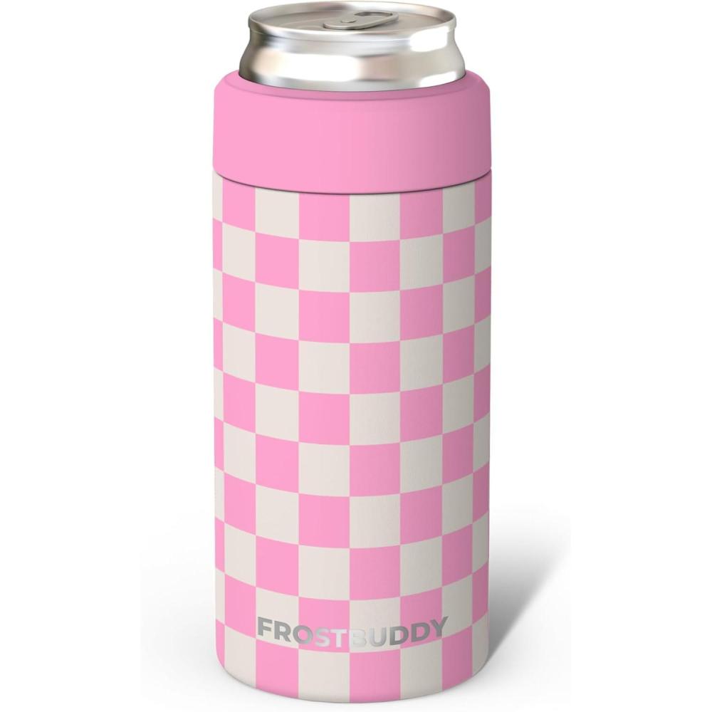 imageFrost Buddy Universal Mini Can Cooler  Fits 12oz Slim ampamp 75oz Mini Cans  Vacuum Insulated Stainless Steel  Keeps Beverages Cold or Hot  Compact Travel ampamp Cup Holder FriendlyPink Checkered