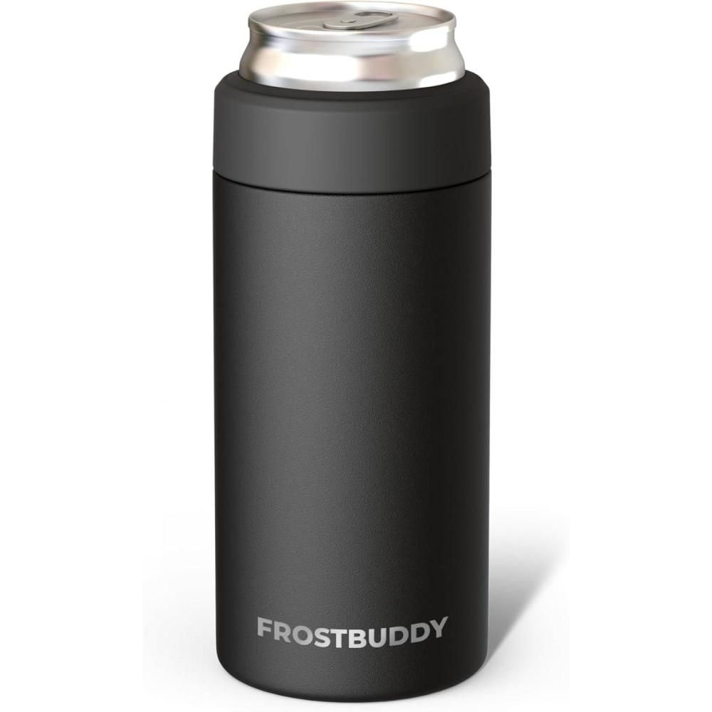 imageFrost Buddy Universal Mini Can Cooler  Fits 12oz Slim ampamp 75oz Mini Cans  Vacuum Insulated Stainless Steel  Keeps Beverages Cold or Hot  Compact Travel ampamp Cup Holder FriendlyBlack