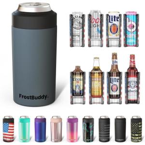 imageFrost Buddy Universal Buddy Can Cooler  Fits All  For Regular 12 ampamp 16 oz or SlimSize Bottles  Insulated DoubleWalled Stainless Steel MericaCharcoal