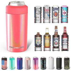 imageFrost Buddy Universal Buddy Can Cooler  Fits All  For Regular 12 ampamp 16 oz or SlimSize Bottles  Insulated DoubleWalled Stainless Steel MericaCoral Crush