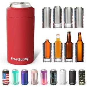 imageFrost Buddy Universal Buddy Can Cooler  Fits All  For Regular 12 ampamp 16 oz or SlimSize Bottles  Insulated DoubleWalled Stainless Steel MericaCrimson