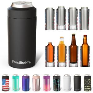 imageFrost Buddy Universal Buddy Can Cooler  Fits All  For Regular 12 ampamp 16 oz or SlimSize Bottles  Insulated DoubleWalled Stainless Steel MericaMatteBlack