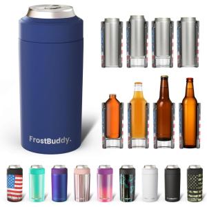 imageFrost Buddy Universal Buddy Can Cooler  Fits All  For Regular 12 ampamp 16 oz or SlimSize Bottles  Insulated DoubleWalled Stainless Steel MericaNavy