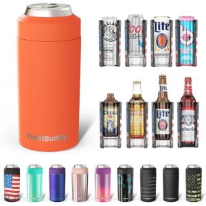 imageFrost Buddy Universal Buddy Can Cooler  Fits All  For Regular 12 ampamp 16 oz or SlimSize Bottles  Insulated DoubleWalled Stainless Steel MericaOrange