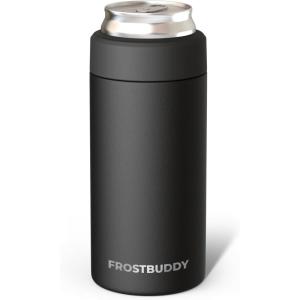 imageFrost Buddy Universal Mini Can Cooler  Fits 12oz Slim ampamp 75oz Mini Cans  Vacuum Insulated Stainless Steel  Keeps Beverages Cold or Hot  Compact Travel ampamp Cup Holder FriendlyBlack