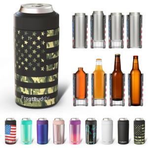 imageFrost Buddy Universal Can Cooler  Fits All  For Regular 12 ampamp 16 oz or SlimSize Bottles  Insulated DoubleWalled Stainless Steel Copper KissCamo Flag