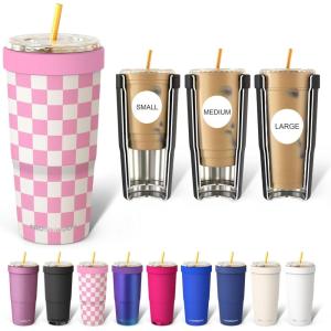 imageFrost Buddy Togo Buddy 30 oz Stainless Steel Vacuum Insulated Tumbler To Go Coffee Cup  Iced Coffee Cups Iced Coffee Sleeve Travel Mug Thermal Cup for Hot amp Cold Drinks Dunkin Cup Dark GlitzPink Checkered
