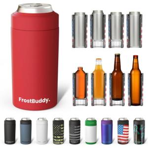 imageFrost Buddy Universal Can Cooler  Fits all  Stainless Steel Can Cooler for 12 oz amp 16 oz Regular or Slim Cans amp Bottles  Stainless Steel Merry MarbleousCrimson