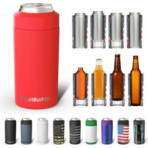 imageFrost Buddy Universal Can Cooler  Fits all  Stainless Steel Can Cooler for 12 oz amp 16 oz Regular or Slim Cans amp Bottles  Stainless Steel Merry MarbleousRed